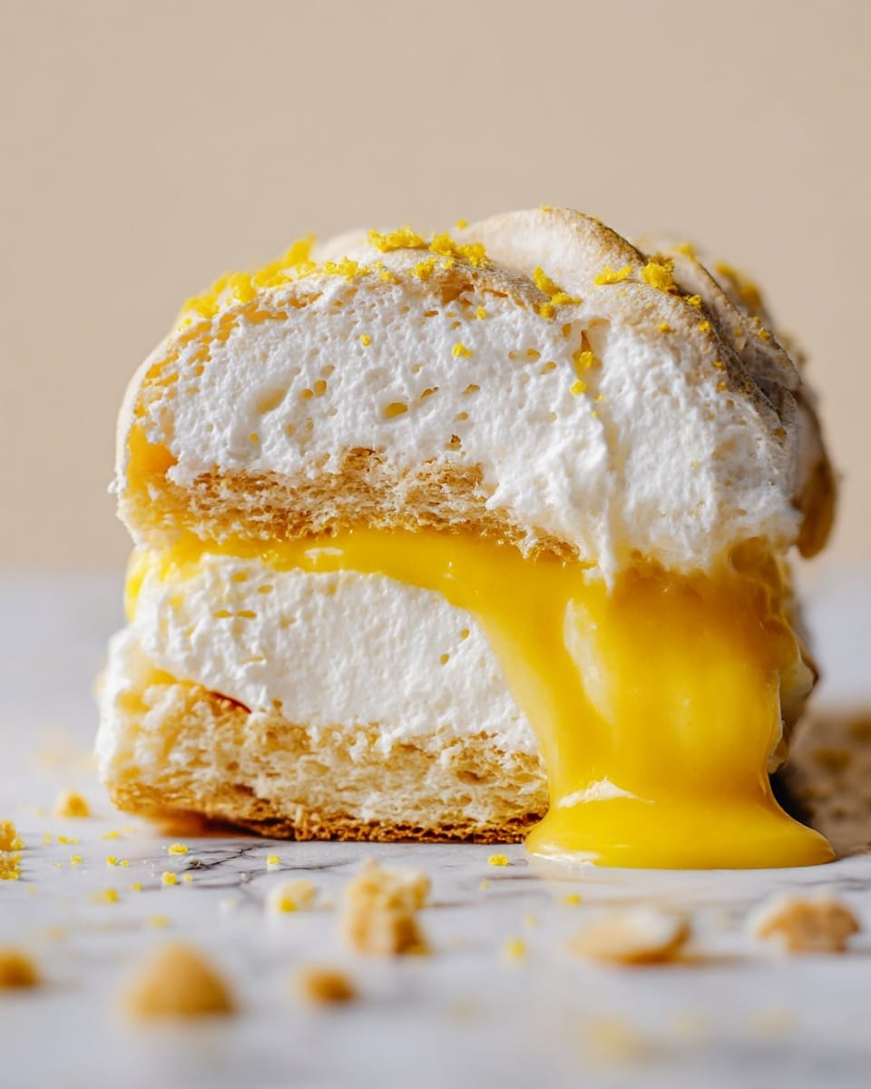 The image shows a rolled dessert placed on a white marbled surface. The dessert has a light beige outer layer with a rough, slightly crumbly texture. Inside, there are several layers of pale cream, spiraled tightly around a bright yellow-orange center. On top of the roll, there is a dollop of white cream with small yellow sprinkles scattered over it. Some crumbs and yellow bits are spread lightly around the base of the roll. The photo taken with an iphone --ar 4:5 --v 7