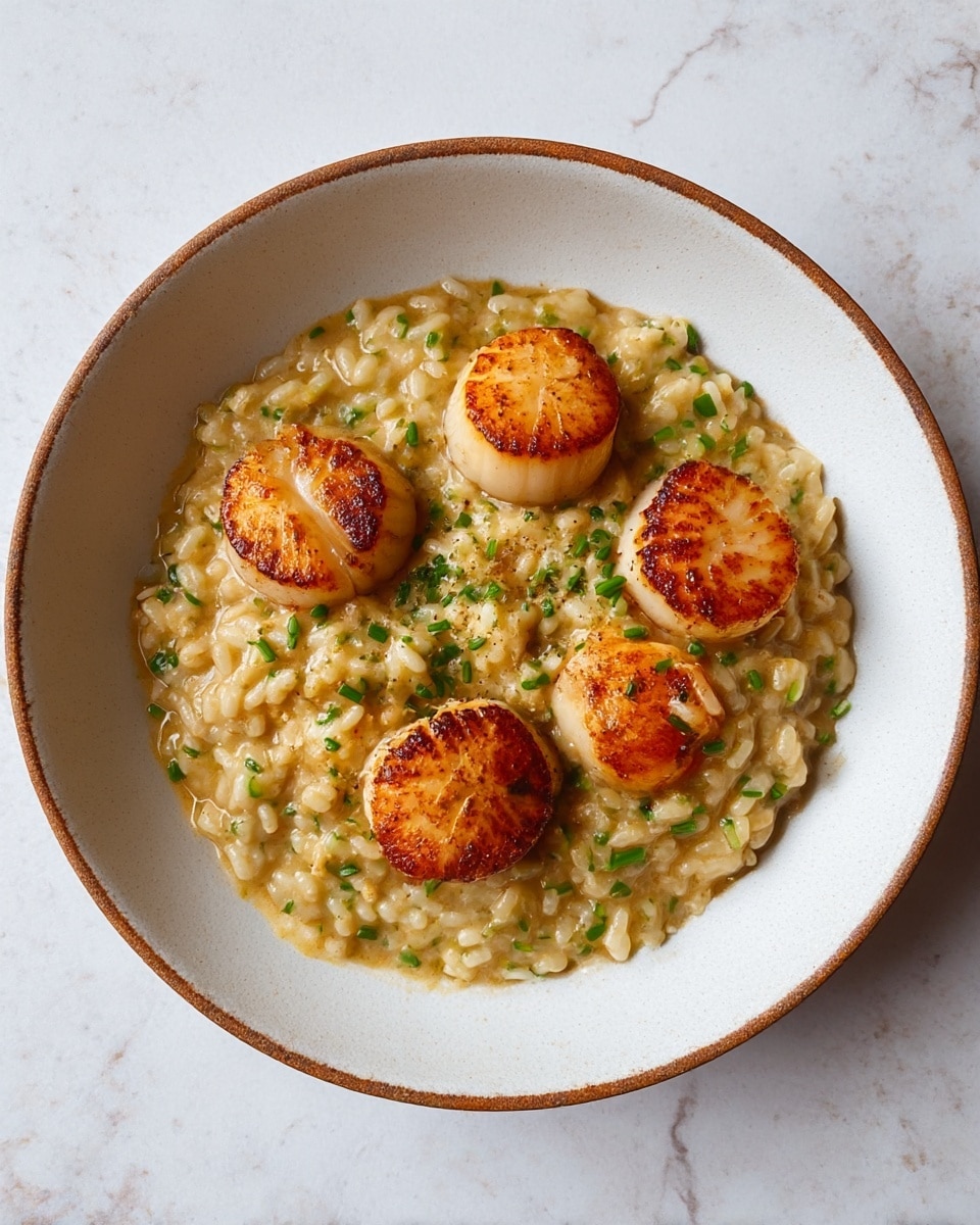 A close-up view of a shallow bowl filled with creamy risotto. The risotto is light brown with a smooth, slightly glossy texture and visible grains of rice. On top, there are five large golden-brown seared scallops arranged in a loose circle, each with a caramelized surface. Small pieces of green chives are scattered evenly over the risotto, adding a touch of color and freshness. The bowl is white and sits on a white marbled surface. photo taken with an iphone --ar 4:5 --v 7