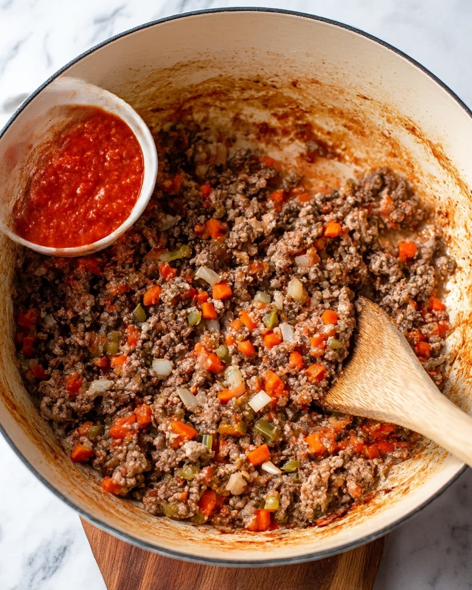 A large white cast iron pot on a wooden surface holds cooked ground meat mixed with small pieces of orange carrots, green celery, and white onion slices. The meat is browned with some crispy bits, and the pot’s inner sides show a light brown, cooked-on residue. A wooden spoon rests inside the pot, partially covered by the meat mixture. In the background, there is a small white bowl filled with thick bright red sauce on a white marbled surface. photo taken with an iphone --ar 4:5 --v 7