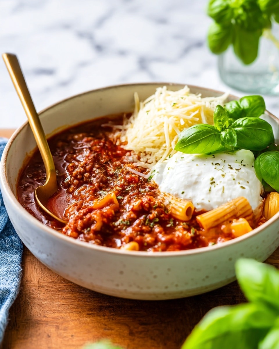 A bowl filled with a thick, chunky red meat and tomato stew with visible pieces of pasta in it, topped with two piles of shredded white cheese and a dollop of smooth white cream in the center. Bright green basil leaves are placed on the right side of the bowl, adding a fresh look. The bowl itself is white with a blue speckled rim, sitting on a wooden surface with a striped blue and white cloth nearby. A golden spoon is dipped into the stew from the left side. photo taken with an iphone --ar 4:5 --v 7