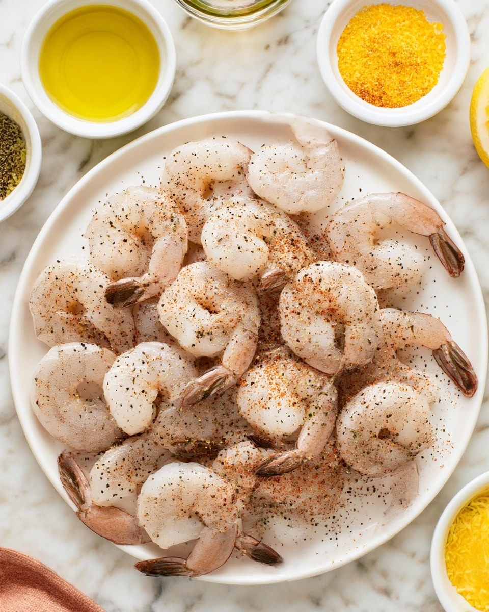 A white plate holds raw shrimp arranged in a single layer, with their tails on, showing a light pinkish-white color. The shrimp are sprinkled evenly with black pepper and reddish seasoning powder, adding contrast on their smooth texture. Around the plate, there are small white bowls containing yellow lemon zest, a yellow liquid likely oil, and some other garnishes on a white marbled surface. Photo taken with an iphone --ar 4:5 --v 7