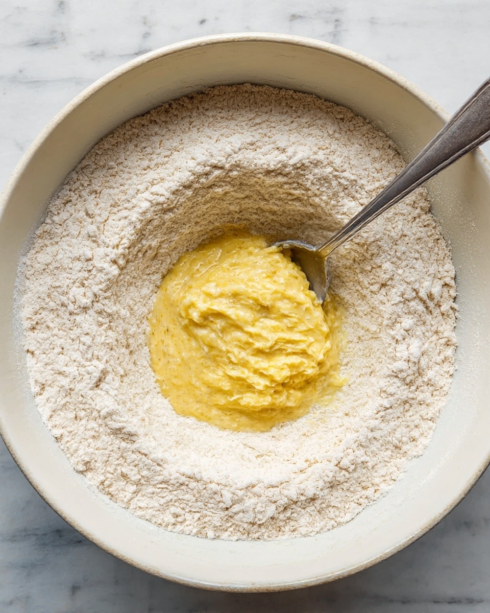 A large white bowl filled with two main layers: the outer layer is a thick ring of dry, off-white flour with a powdery texture, and the inner layer is a small mound of wet, yellow batter with a smooth, slightly lumpy texture placed in the center, partially mixed with the flour. A silver spoon is inside the bowl, resting on the edge of the batter. The bowl sits on a white marbled surface. photo taken with an iphone --ar 4:5 --v 7