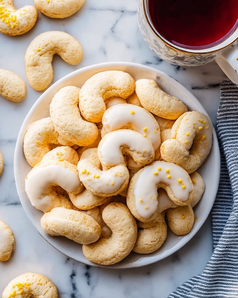 The image shows a white round plate filled with multiple curved cookies, each shaped like an
