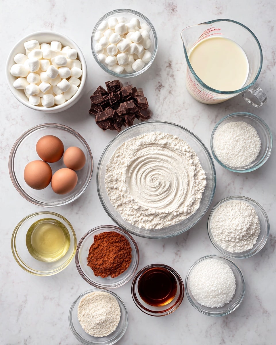 The image shows a top-down view of various cooking ingredients placed neatly on a white marbled surface. In the top left, there is a white bowl filled with small white marshmallows. To the right of it is a clear measuring cup with a creamy white liquid inside. Next, a clear bowl holds chopped dark brown chocolate pieces. Below the chocolate is another clear measuring cup containing a white liquid. Near the center, a large clear bowl contains white flour with a small swirl on the surface. To the left of the flour, there is a small clear bowl with two brown eggs. Below the eggs, a small clear bowl contains a light yellow liquid, possibly oil. Next to the oil, a small clear bowl holds a reddish-brown powder, likely cocoa. Below the cocoa, there are three very small clear bowls filled with white powders or granules. To the right of these, a medium clear bowl holds granulated white sugar with a spiral pattern on top. At the bottom is a small clear bowl filled with a dark amber liquid, possibly vanilla extract. Photo taken with an iphone --ar 4:5 --v 7