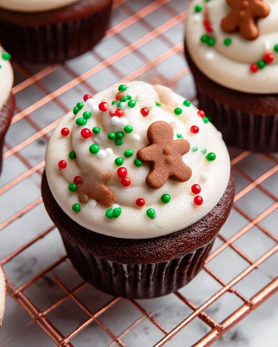 Several chocolate cupcakes with a single rich dark brown cake layer sit on a copper wire rack over a white marbled surface. Each cupcake is topped with one thick swirl of smooth, light beige frosting that forms a round peak. The frosting is decorated with small, flat round sprinkles in red, green, and white colors, along with tiny three-dimensional chocolate gingerbread man shapes placed evenly around the top. The background is softly blurred with more cupcakes visible. photo taken with an iphone --ar 4:5 --v 7