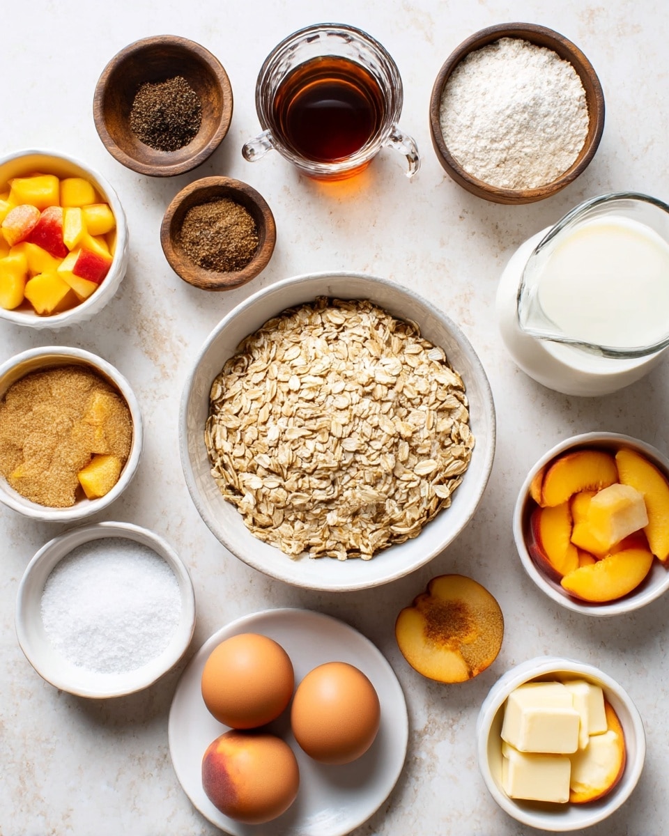 The image shows a white bowl filled with light beige rolled oats in the center, surrounded by various small white bowls and dishes on a white marbled surface. To the left, there is a white bowl with bright yellow and red diced peaches, nearby a small brown wooden bowl with a dark brown spice, and a white bowl with light brown sugar. Above the oats, a clear glass cup holds dark amber liquid, and next to it is a small brown wooden bowl with white powder. On the right side, a clear glass jug contains white milk, a white bowl holds light brown sugar, and a small brown wooden bowl has white salt. Below the oats, a small white plate holds two brown eggs, and another small white bowl displays orange and yellow peach slices. Finally, a white bowl at the top right contains pale yellow butter pieces. The arrangement is neat and colorful, set on a clean white marbled surface photo taken with an iphone --ar 4:5 --v 7