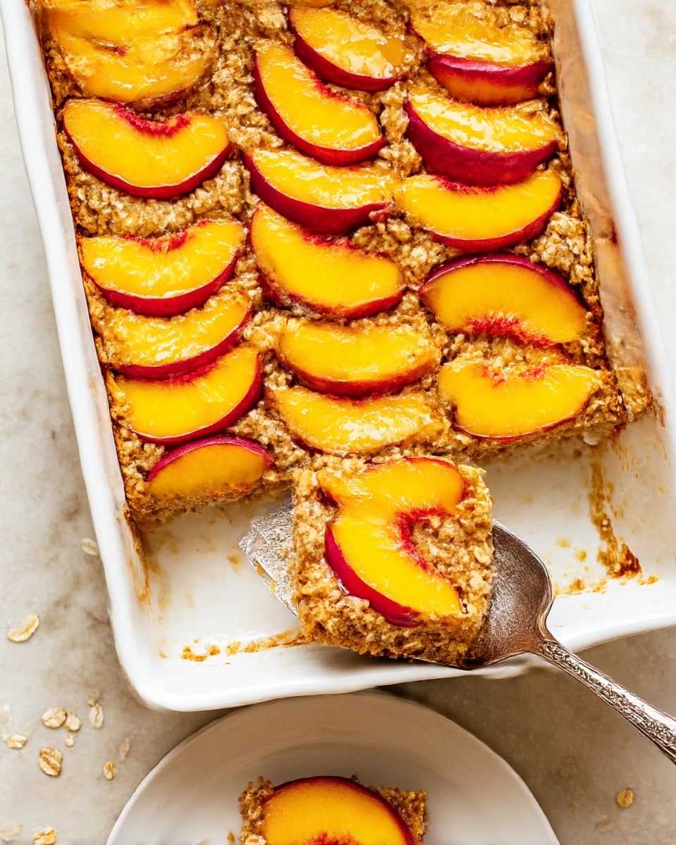 A white square baking dish shows a baked peach oatmeal with a single layer of bright orange peach slices arranged neatly in rows on top. The peach slices have a soft texture with reddish edges, contrasting with the rich brown, textured oatmeal underneath. The oatmeal looks thick and crumbly with visible oats. The dish is placed on a white marbled surface with scattered oats, a peach half, a small bowl of brown sugar, and a knife with a wooden handle nearby. photo taken with an iphone --ar 4:5 --v 7