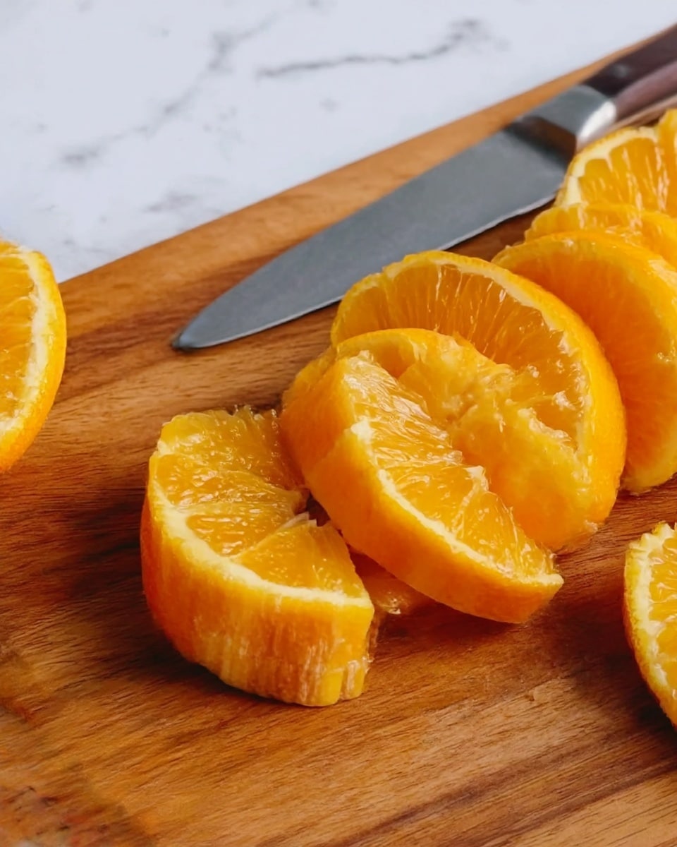 The image shows a square cake with two visible layers on a white marbled surface: a thick, soft, yellow layer at the bottom and a smooth, shiny dark chocolate layer on top with wavy lines. Around the cake, there is a slice of bright orange fruit adding color contrast. In the background, there are more slices of the yellow cake with a similar texture. The scene is bright and focused on the cake pieces. Photo taken with an iphone --ar 4:5 --v 7