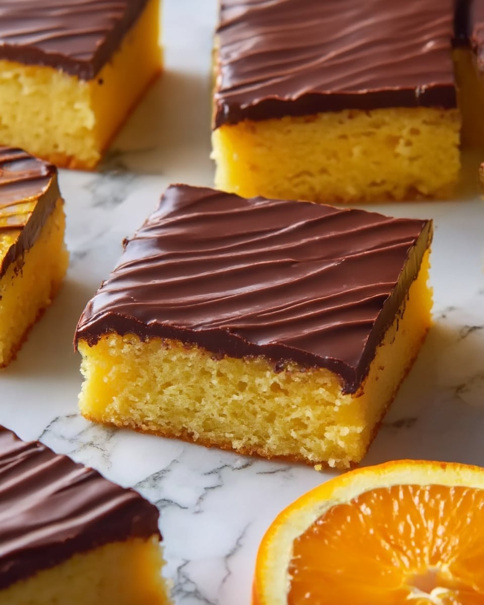 The image shows multiple square pieces of cake with two layers: a bottom layer of moist, orange-colored cake and a top layer of smooth, dark chocolate with wavy lines on the surface. The pieces are placed on crumpled parchment paper. Bright orange slices are placed around the cake squares, adding a fresh, vibrant contrast. The whole scene is set on a white marbled surface. photo taken with an iphone --ar 4:5 --v 7