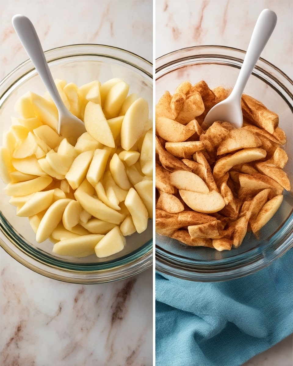 The image shows two side-by-side glass bowls on a white marbled surface. Each bowl contains sliced apples. The bowl on the left has plain, pale yellow apple slices with a white spoon resting inside, while the bowl on the right contains apple slices mixed with cinnamon, giving them a warm brown color, and also has a white spoon inside. A light blue cloth is placed near the bottom right corner of both bowls. Photo taken with an iphone --ar 4:5 --v 7