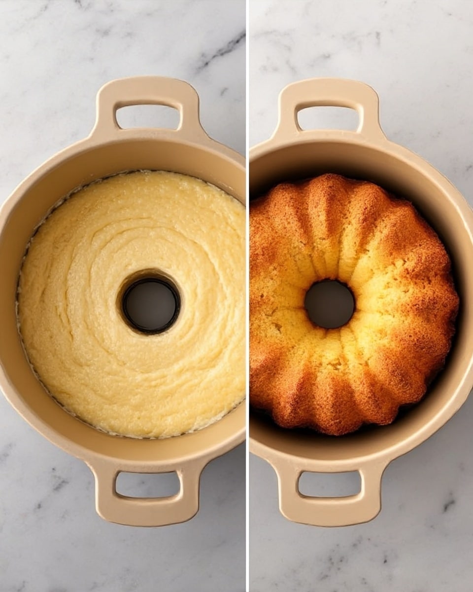 The image shows two side-by-side photos of a bundt cake in a beige bundt pan with handles on each side, placed on a white marbled surface. On the left, there is raw pale yellow cake batter inside the pan, smooth and even with a round hole in the center. On the right, the cake is baked golden brown with a slightly darker top and edges, puffed up with a rough texture showing cracks and baked crumb, still inside the same pan. Photo taken with an iphone --ar 4:5 --v 7