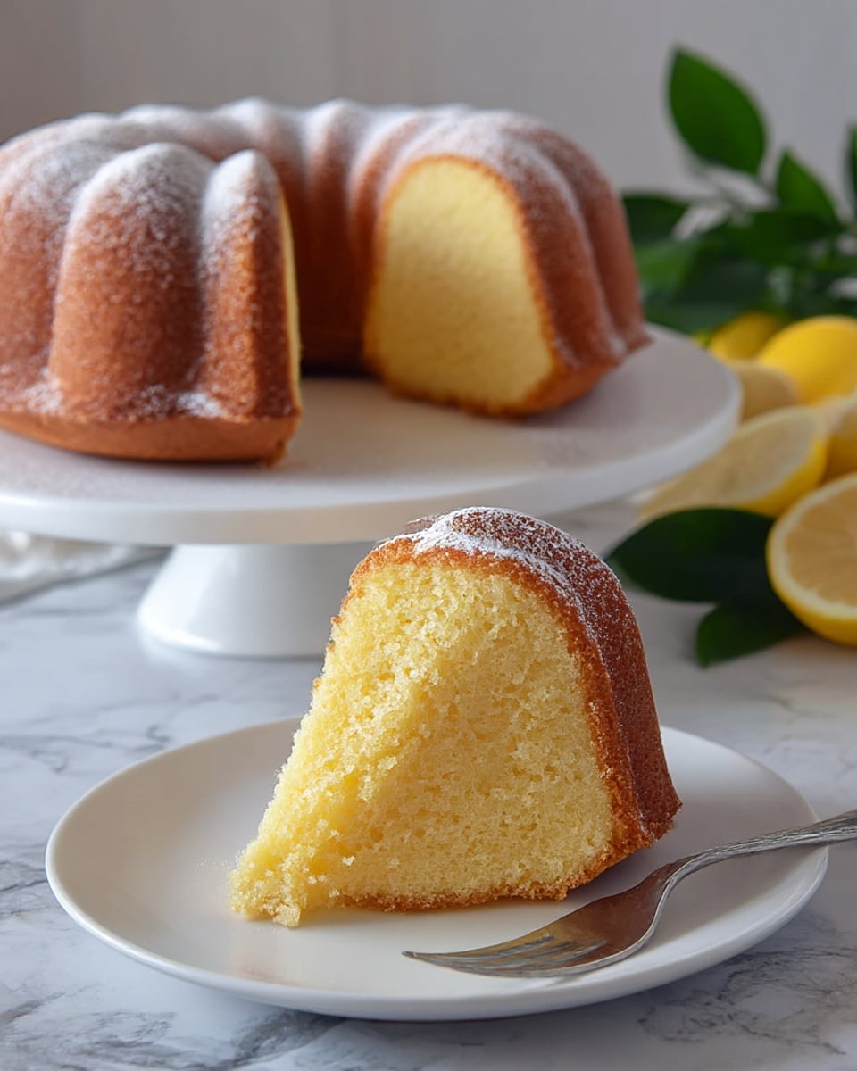 A soft yellow bundt cake with a light brown crust is shown in two parts: a large ring with a slice removed on a white round cake stand in the background, and the single triangular slice placed upright on a white round plate in the foreground. The cake's texture looks moist and spongy with a dusting of white powdered sugar on top of both the full cake and the slice. Next to the slice on the plate is a silver fork. The setting includes a white marbled surface, with some green leaves and lemon wedges slightly blurred in the back. Photo taken with an iphone --ar 4:5 --v 7