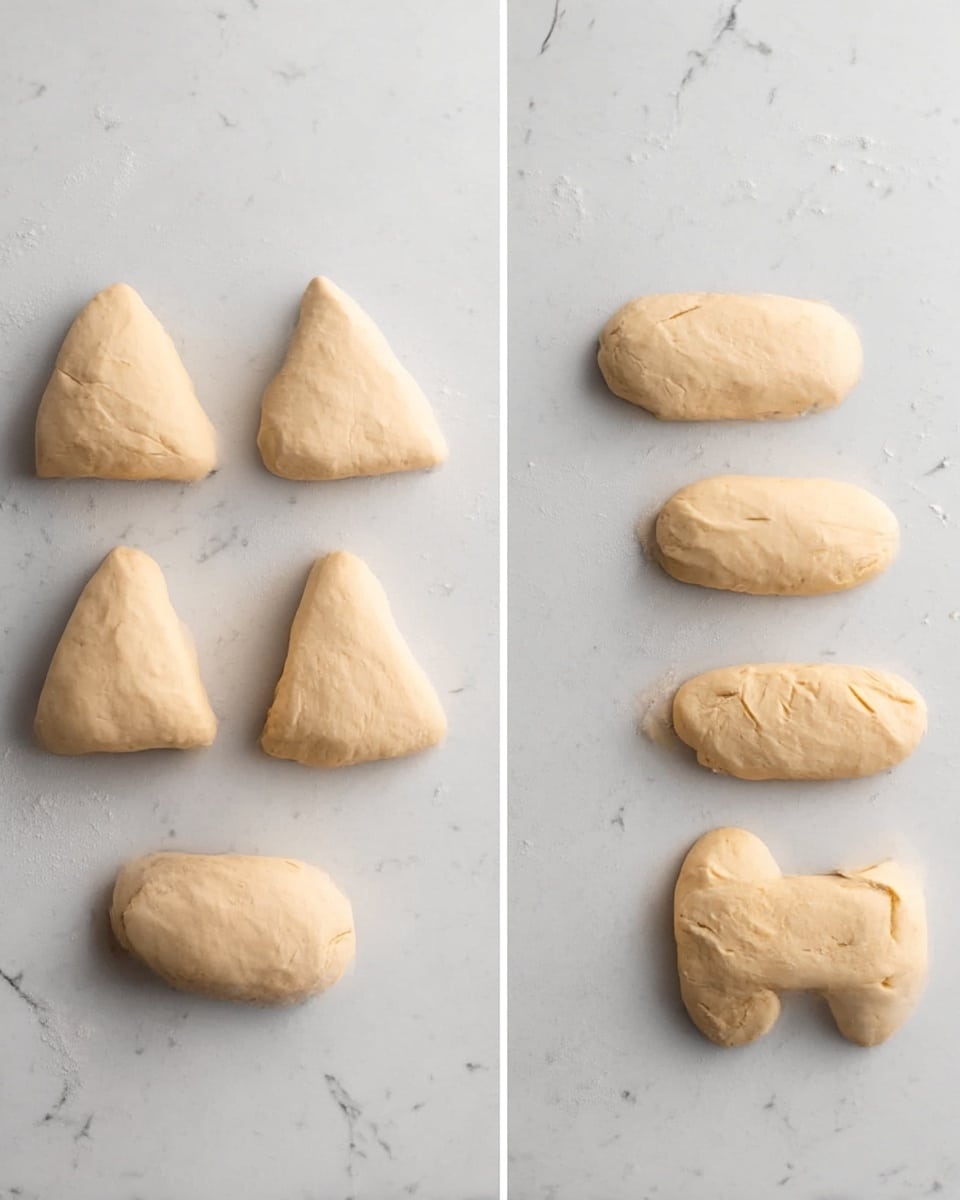 The image shows two side-by-side views of dough pieces on a white marbled surface. On the left side, there are four dough lumps, each folded and shaped roughly like a triangle, with a smooth, pale beige surface. They are spaced evenly in a square formation. On the right side, the four dough pieces have been flattened into elongated ovals, evenly spread in the same square pattern, with some soft texture visible on the smooth, pale dough. The background is plain and clean, emphasizing the dough shapes photo taken with an iphone --ar 4:5 --v 7