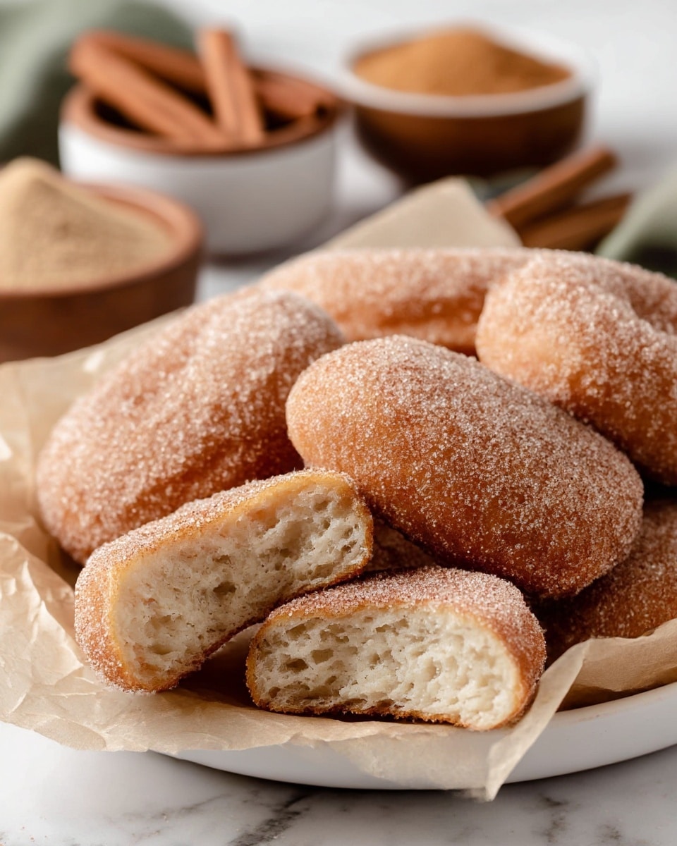Four sugar-coated cinnamon breads lie on crumpled light brown parchment paper that is placed inside a deep white bowl. The breads have a golden brown color with a rough sugar and cinnamon coating, and each piece has a soft, bumpy texture. To the top right of the bowl, there is a small pale green bowl filled with dark brown cinnamon sticks. In the bottom left corner, there is a small white bowl containing a mix of cinnamon and sugar with a wooden spoon inside. The scene is set on a white marbled textured surface with a rustic wooden background partially visible at the edges. photo taken with an iphone --ar 4:5 --v 7