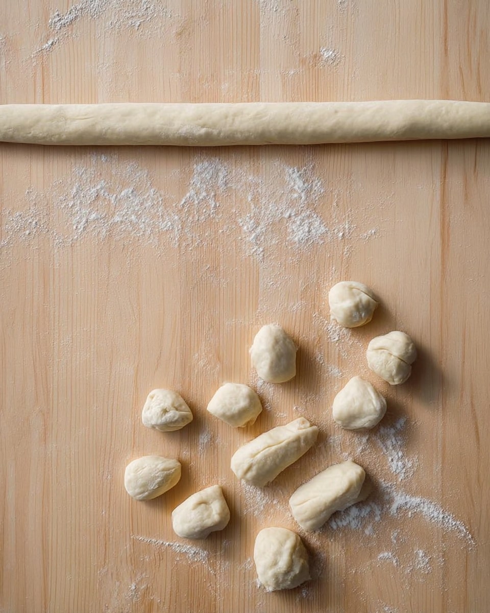 The image shows small pieces of dough arranged loosely on a wooden surface dusted lightly with flour. At the top of the frame, there is a long, thin rolled strip of dough stretched out horizontally. The dough pieces below are varied in shape but mostly rounded and slightly flattened, with a soft, pale cream color and smooth texture. The wood surface underneath has a natural light brown pattern with visible grain lines spread evenly across. The setting is bright and simple, focusing on the dough pieces and the wooden background. photo taken with an iphone --ar 4:5 --v 7