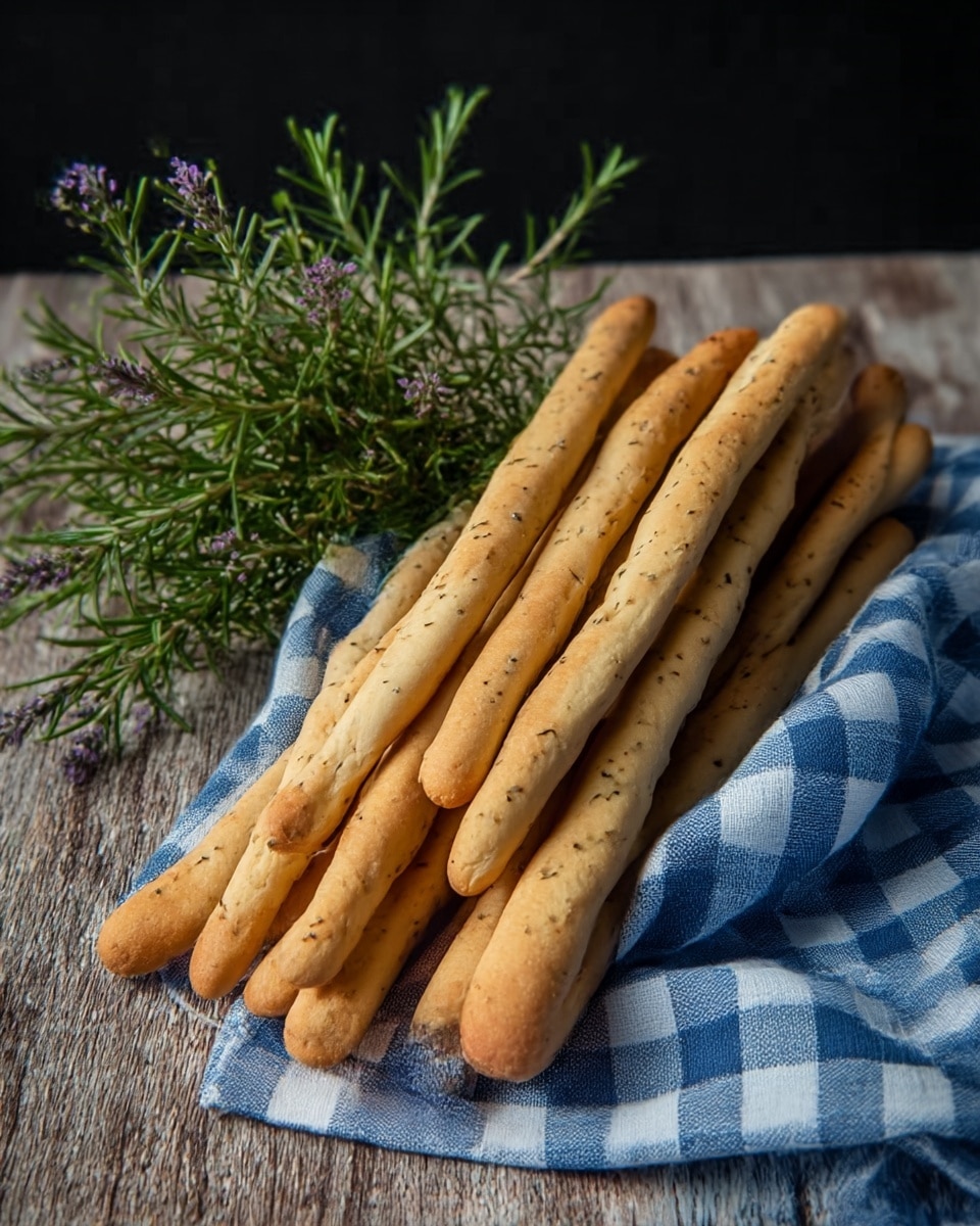 A pile of long, thin breadsticks with a golden-brown color and some light speckles of herbs on the surface, resting on a blue and white checkered cloth. The breadsticks vary slightly in shape, with some having rounded ends and others more tapered, all showing a smooth and baked texture. Behind the breadsticks, sprigs of fresh green rosemary with small purple flowers add a touch of color. The setting features a rustic wooden surface beneath the cloth and a dark background above. photo taken with an iphone --ar 4:5 --v 7