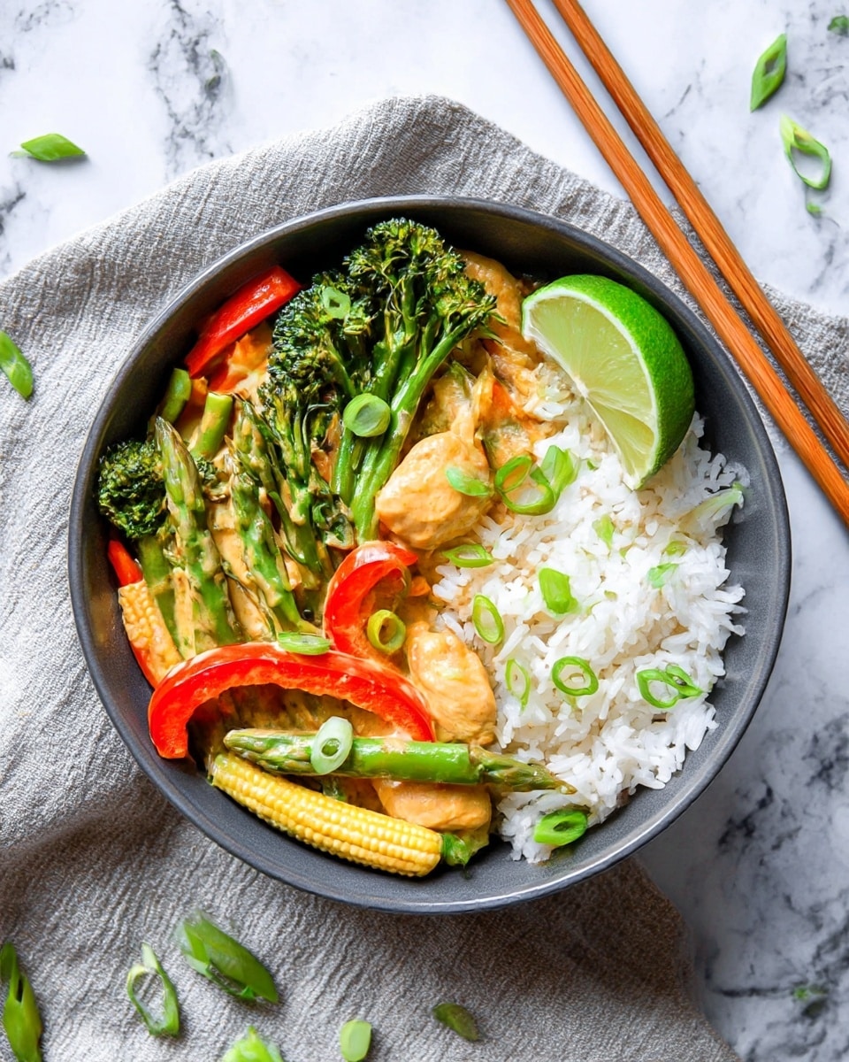 A round gray bowl filled halfway with white rice on the right side, topped with a green lime wedge. The left side has layers of bright green broccolini florets, baby corn, thinly sliced red bell pepper rings, and green asparagus spears, mixed with light orange pieces of cooked chicken in a creamy sauce. Thin rounds of green onion are scattered on top. The bowl is set on a textured light-gray cloth with a pair of wooden chopsticks resting diagonally on the right side, all placed on a white marbled surface. Photo taken with an iphone --ar 4:5 --v 7