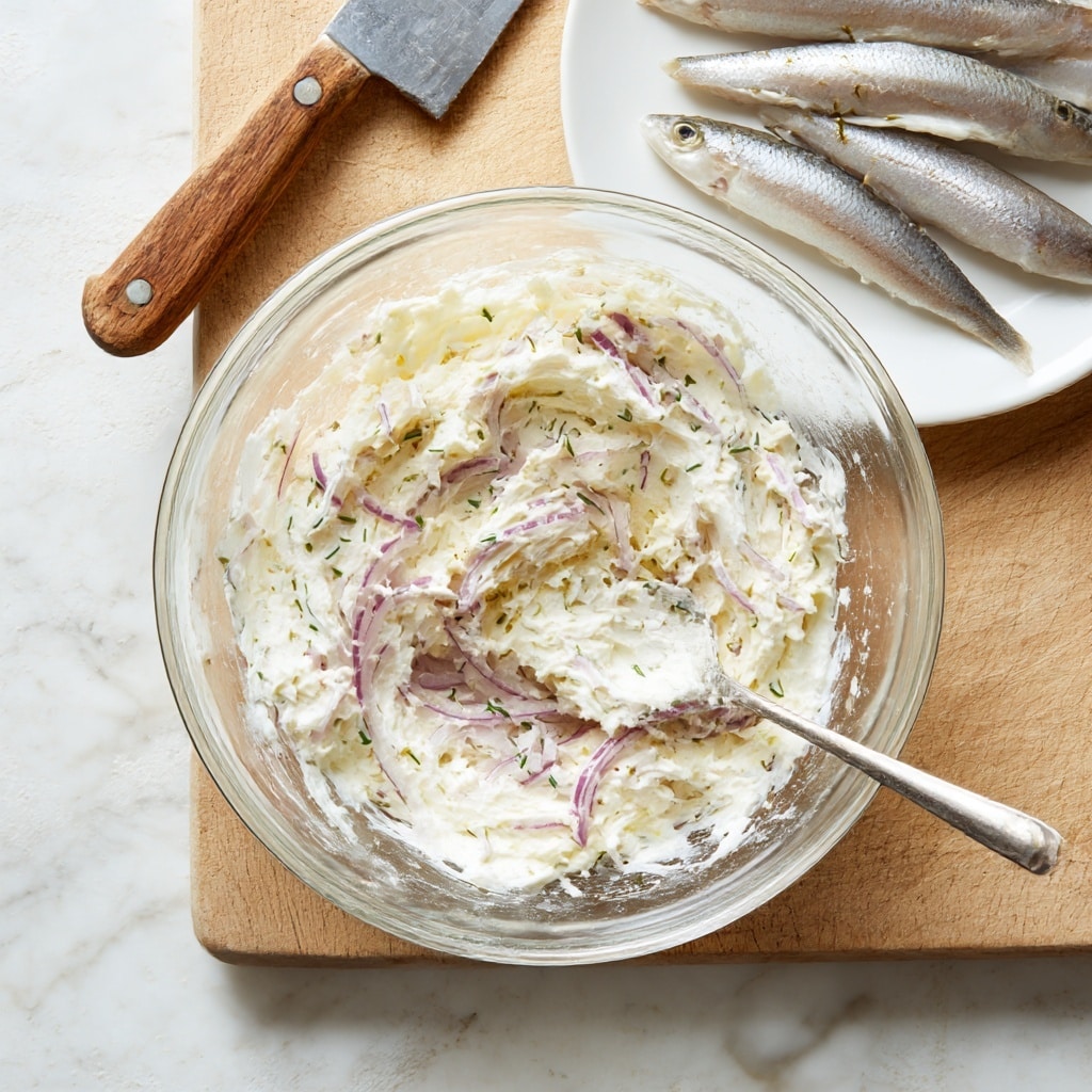 A clear glass bowl sits on a wooden cutting board with a white marbled surface underneath. Inside the bowl is a creamy white mixture with visible pieces of sliced red onion and some herbs, spread unevenly with a spoon being moved by a woman's hand in the lower center of the image. To the upper right of the cutting board, a white plate holds several small, light gray fish fillets with a smooth texture. A large knife with a wooden handle and a cleaver rest on the cutting board, near the bowl. The overall scene is bright and clean with natural light. photo taken with an iphone --ar 4:5 --v 7