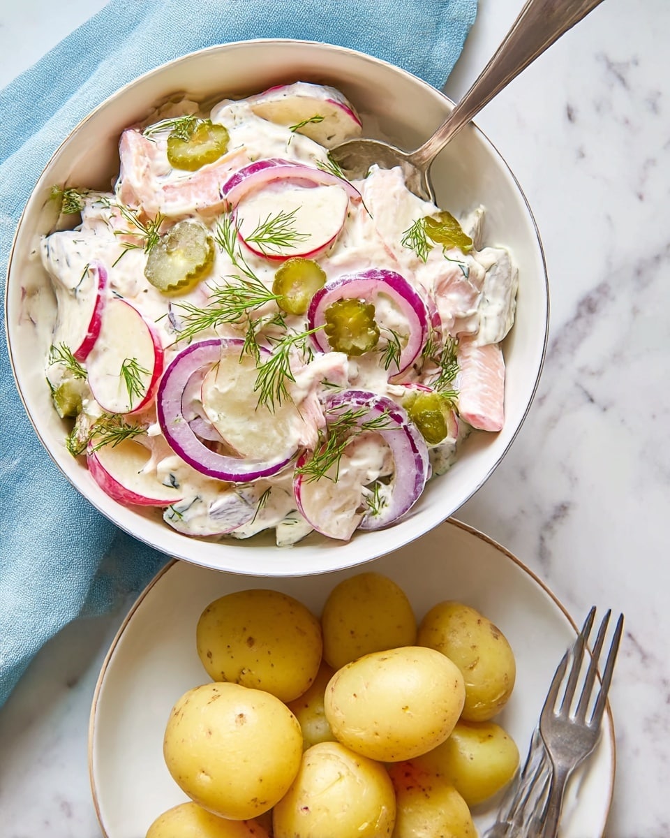 A white bowl filled with a creamy salad showing three main layers: pale pink fish pieces with skins, red and white slices of apple, and round thin purple onion rings. There are small green pickle slices and fresh green dill sprigs scattered on top, adding texture and color contrast. A metal spoon rests inside the bowl. Below the bowl, a white plate holds a pile of smooth, yellow boiled potatoes, placed on a white marbled surface with a light blue cloth and a fork nearby. Photo taken with an iphone --ar 4:5 --v 7