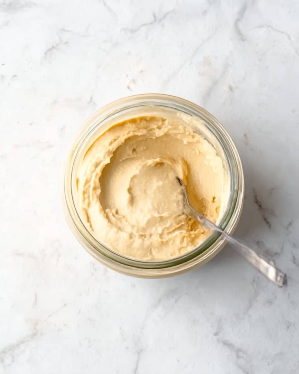 The image shows a small glass jar filled with creamy, light beige hummus. The hummus has a smooth and slightly fluffy texture with some gentle peaks and soft shadows. A metal spoon is resting inside the jar, partly submerged in the hummus, with the handle sticking out to the right. The jar is placed on a white marbled surface with subtle grey veins, adding gentle contrast to the soft colors of the hummus and glass. Photo taken with an iphone --ar 4:5 --v 7