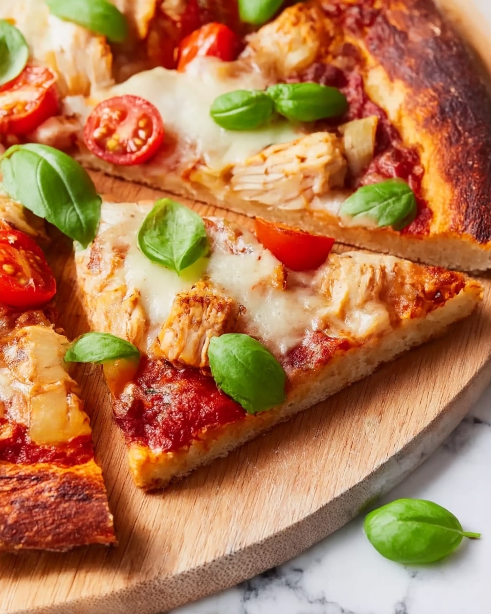 A round pizza with a golden brown crust sits on a wooden board, topped with a layer of red tomato sauce beneath melted white mozzarella cheese that stretches across the surface. On top of the cheese, there are slices of dark red pepperoni spread evenly, along with chunks of light brown artichoke hearts. Bright red cherry tomato halves are scattered between the toppings, and fresh green basil leaves are placed evenly across the pizza. In the background, a sprig of fresh green basil and a pair of cherry tomatoes on a vine rest on a white marbled surface. The photo taken with an iphone --ar 4:5 --v 7