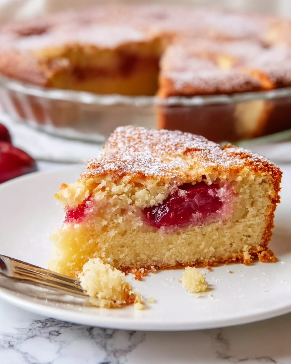 A round pastry cake is shown on a white plate, sitting on a white marbled surface. The cake has a golden-brown crust with visible dessert fruit slices arranged in a circular pattern on top. The fruit slices have a mix of yellow and red colors, slightly caramelized. A light dusting of powdered sugar covers the top, adding a fine texture and soft white contrast to the warm cake colors. Photo taken with an iphone --ar 4:5 --v 7