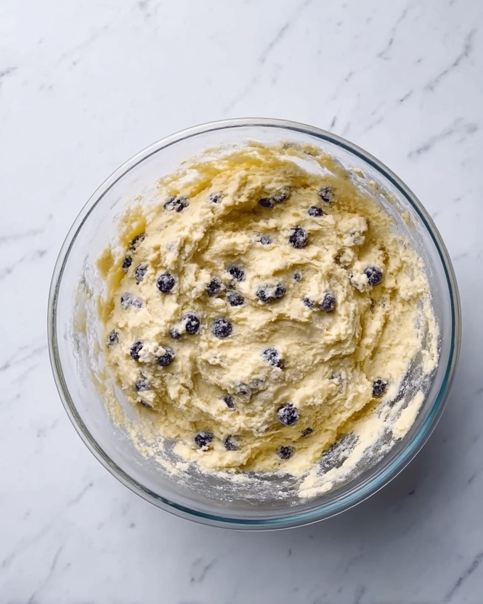 A clear glass bowl sits on a white marbled surface filled with thick, pale yellow dough that has a rough texture. Inside the dough, small dark blueberries are scattered unevenly throughout. The edges of the bowl have some dough stuck on them, showing a messy but natural baking process. The bowl is round and transparent, allowing the dough and blueberries to be clearly seen. photo taken with an iphone --ar 4:5 --v 7
