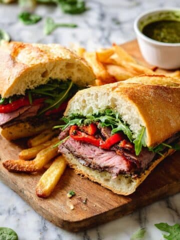 Steak Sandwich with Chimichurri, Roasted Peppers, and Arugula Recipe