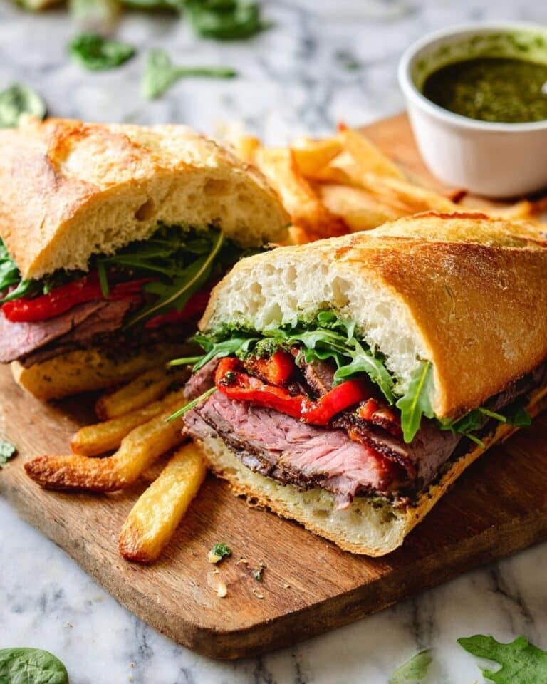 Steak Sandwich with Chimichurri, Roasted Peppers, and Arugula Recipe