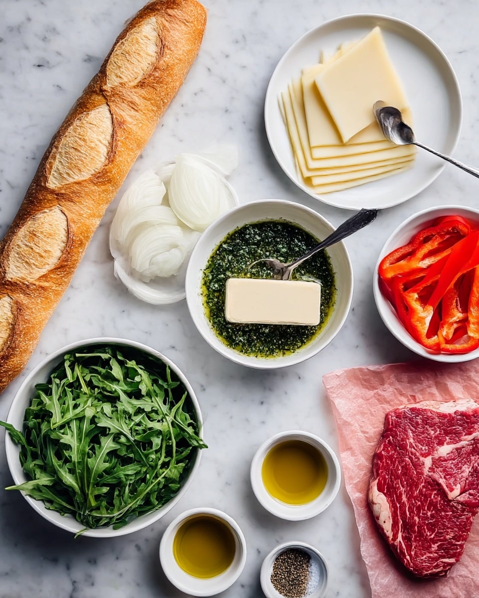 Two steak sandwiches lie on a wooden board, each sandwich made with a crusty golden baguette sliced in half horizontally. The first layer shows thin, pink slices of cooked steak with a slightly seared edge, followed by a layer of melted pale yellow cheese. On top are bright green arugula leaves and some thin red bell pepper slices adding color. French fries, light golden with a crispy texture, are scattered around the sandwiches and on the board. To the left, a small white bowl holds a green herb sauce with visible bits of herbs and oil, and a spoon resting inside. In the background, there is a white bowl filled with fresh green arugula leaves, all set on a white marbled surface. Photo taken with an iphone --ar 4:5 --v 7
