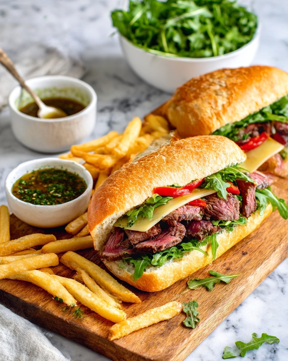 The image shows a sandwich cut in half placed on a wooden board with some fries scattered around. The sandwich has a toasted light brown crusty bread with an airy texture. Inside, there is a layer of thinly sliced pinkish roasted meat, topped with fresh green leafy arugula and some red roasted peppers. In the background, there is a small white bowl with a green sauce. Pieces of green leaves are scattered around the board. The whole scene is set on a white marbled surface. photo taken with an iphone --ar 4:5 --v 7