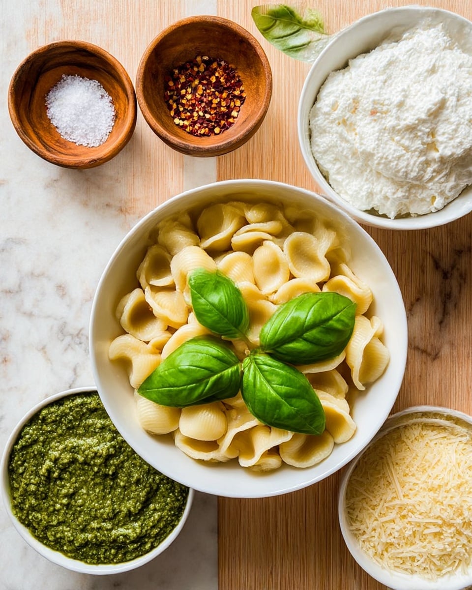 A white bowl filled with about two layers of round pasta coated in a thick, creamy light green sauce, topped with a sprinkle of fine white cheese shavings and small red chili flakes. Bright green fresh basil leaves are placed on top and around the pasta for a fresh look. A silver fork with a wooden handle rests inside the bowl on the left side, partly touching the pasta. The bowl sits on a white marbled surface with a few scattered fresh basil leaves and part of a yellow bread roll on a small dish visible at the bottom right corner. Photo taken with an iphone --ar 4:5 --v 7