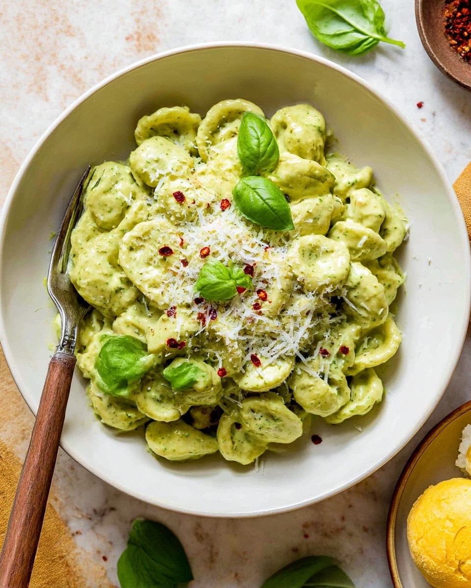 A white bowl filled with small, round pasta shells covered in a creamy light green sauce, likely pesto. The pasta is well coated and topped with a light sprinkle of grated cheese and red chili flakes. Bright green fresh basil leaves are placed on top and around the dish for garnish. A silver fork is inserted into the pasta on the left side of the bowl. The bowl sits on a white marbled surface with a white cloth with black stripes nearby, and a smaller white bowl with grated cheese and crackers is partially visible behind the pasta bowl. photo taken with an iphone --ar 4:5 --v 7
