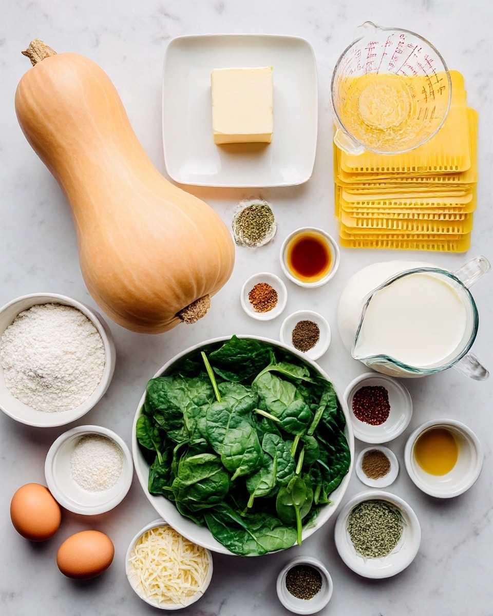 The image shows many raw ingredients for cooking, neatly placed on a white marbled surface. In the center, there is a light orange butternut squash and a large bowl of fresh green spinach leaves to its right. Above the spinach, there is a square white plate with a block of butter. Next to the spinach on the far right is a clear glass jug full of white milk. On the top right, four yellow lasagna sheets are stacked with a measuring cup holding white flour next to them. Scattered around are small white bowls each holding different small amounts of spices and liquid: brown syrup, golden oil, green herbs, red pepper flakes, ground spices, minced garlic, chopped shallots, and grated cheese. On the bottom left, there is an egg on a small white dish and a bowl of white flour. A bowl of shredded cheese is on the middle left. Photo taken with an iphone --ar 4:5 --v 7