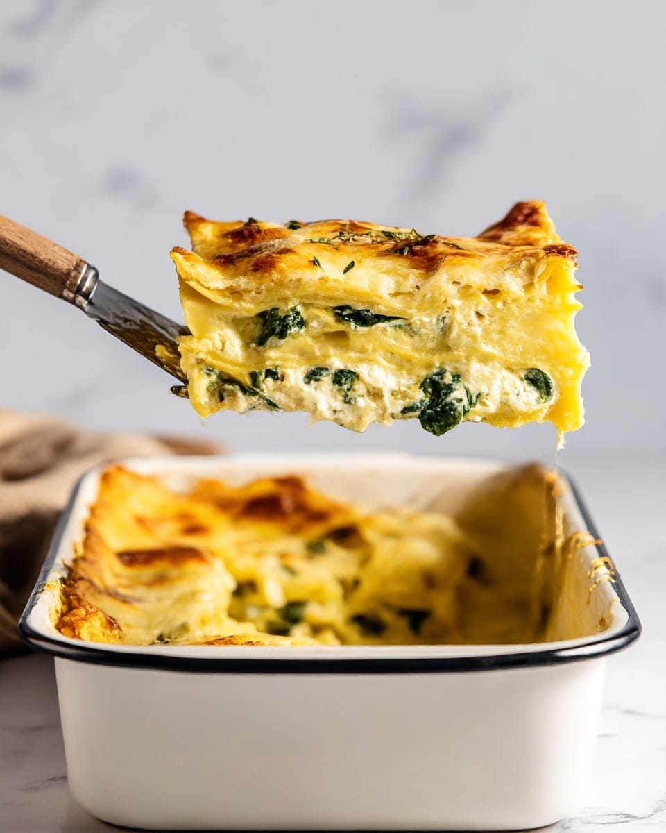 A white baking dish holds a baked lasagna with three visible layers: the top layer is creamy and golden with browned edges, scattered with whole sage leaves and small green herb pieces. The middle layer looks smooth and light yellow from a cheese sauce, while the bottom layer is slightly visible showing a mix of pasta and sauce. A spatula lifts one square piece from the dish, showing thick layers and melted cheese dripping lightly. The dish sits on a white marbled surface next to a striped cloth and part of a wooden kitchen tool. Photo taken with an iphone --ar 4:5 --v 7