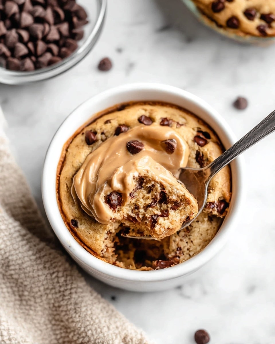 A white bowl holds a single-layer baked cookie with a soft, golden-brown texture speckled with dark chocolate chips throughout. On top of the cookie, there are three smooth, thick swirls of light brown nut butter arranged horizontally. The bowl is placed on a white marbled surface next to a beige knitted cloth. Part of another white bowl with some chocolate chips is visible in the upper right corner. Photo taken with an iphone --ar 4:5 --v 7