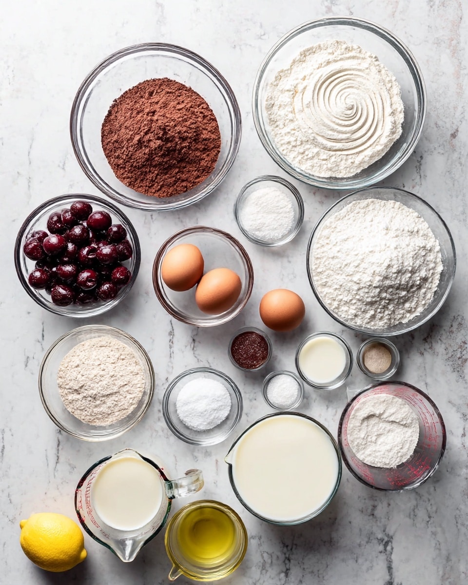The image shows an overhead view of various ingredients arranged neatly on a white marbled surface. There are clear glass bowls and measuring cups holding different ingredients: one large bowl with dark red frozen cherries, a medium bowl with brown cocoa powder, a bowl with white flour with a swirl pattern on top, a large bowl with white granulated sugar, a small bowl with white powder (baking soda or powder), and a small bowl with salt. Two brown eggs sit in a small bowl, and there is a measuring cup with milk, another smaller cup with a white liquid (possibly cream or yogurt), and a smaller glass container with yellow oil. Additional small bowls hold white powdered sugar, a small amount of white salt, and vanilla extract. A half lemon sits near the bottom of the arrangement. The setup is clean and organized, with all items evenly spaced on the white marbled surface photo taken with an iphone --ar 4:5 --v 7