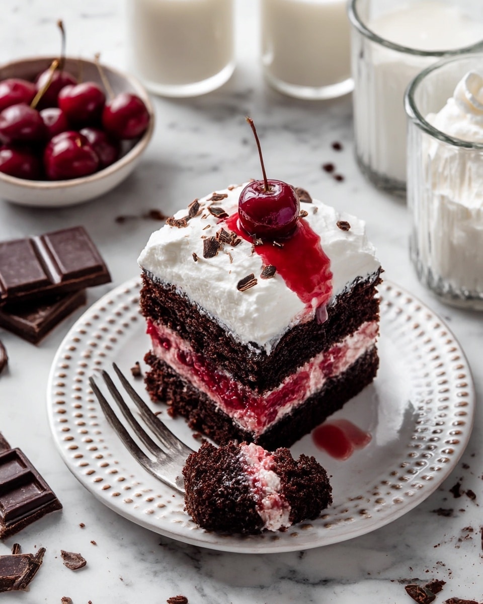 A rectangular dark brown chocolate cake forms the base layer, topped with a thick uneven layer of white whipped cream that covers the entire surface. Scattered on top are several glossy dark red cherries, some surrounded by pools of red cherry syrup. Small, thin curls of chocolate are sprinkled all over the whipped cream. The cake sits on crinkled light brown parchment paper, placed on a white marbled surface. Around the cake are small pieces of chocolate, a couple of glasses with white and beige liquids, and a white plate with brown specks and a fork. photo taken with an iphone --ar 4:5 --v 7