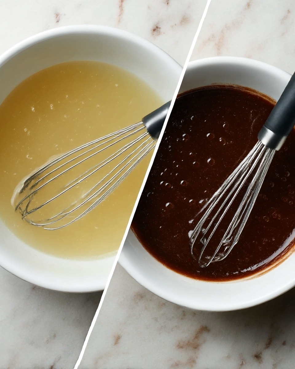 A pair of white bowls are shown side by side on a white marbled surface. The left bowl contains a clear, pale yellow liquid with a smooth texture, and a metal whisk with a black handle rests inside it. The right bowl holds a thick dark brown batter, appearing smooth with some small air bubbles on the surface, and the same type of metal whisk with a black handle is partially dipped in it. photo taken with an iphone --ar 4:5 --v 7