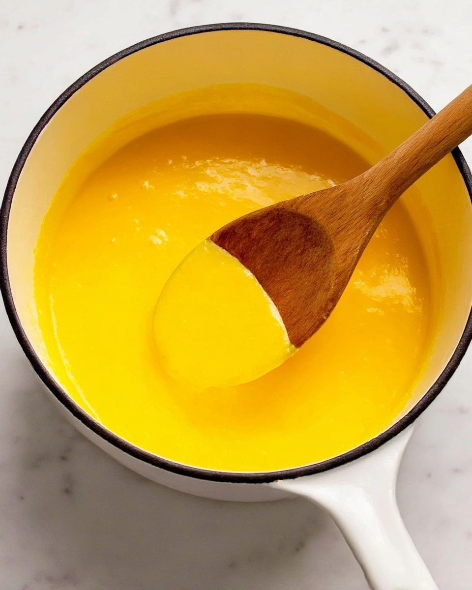 A close-up of a white pot filled with bright yellow creamy soup or sauce being stirred by a wooden spoon with a smooth, thick texture. The spoon is partially submerged in the mixture, showing a glossy and slightly translucent surface. The pot has a thin black rim around the edge and a white handle. The background is a white marbled surface. Photo taken with an iphone --ar 4:5 --v 7
