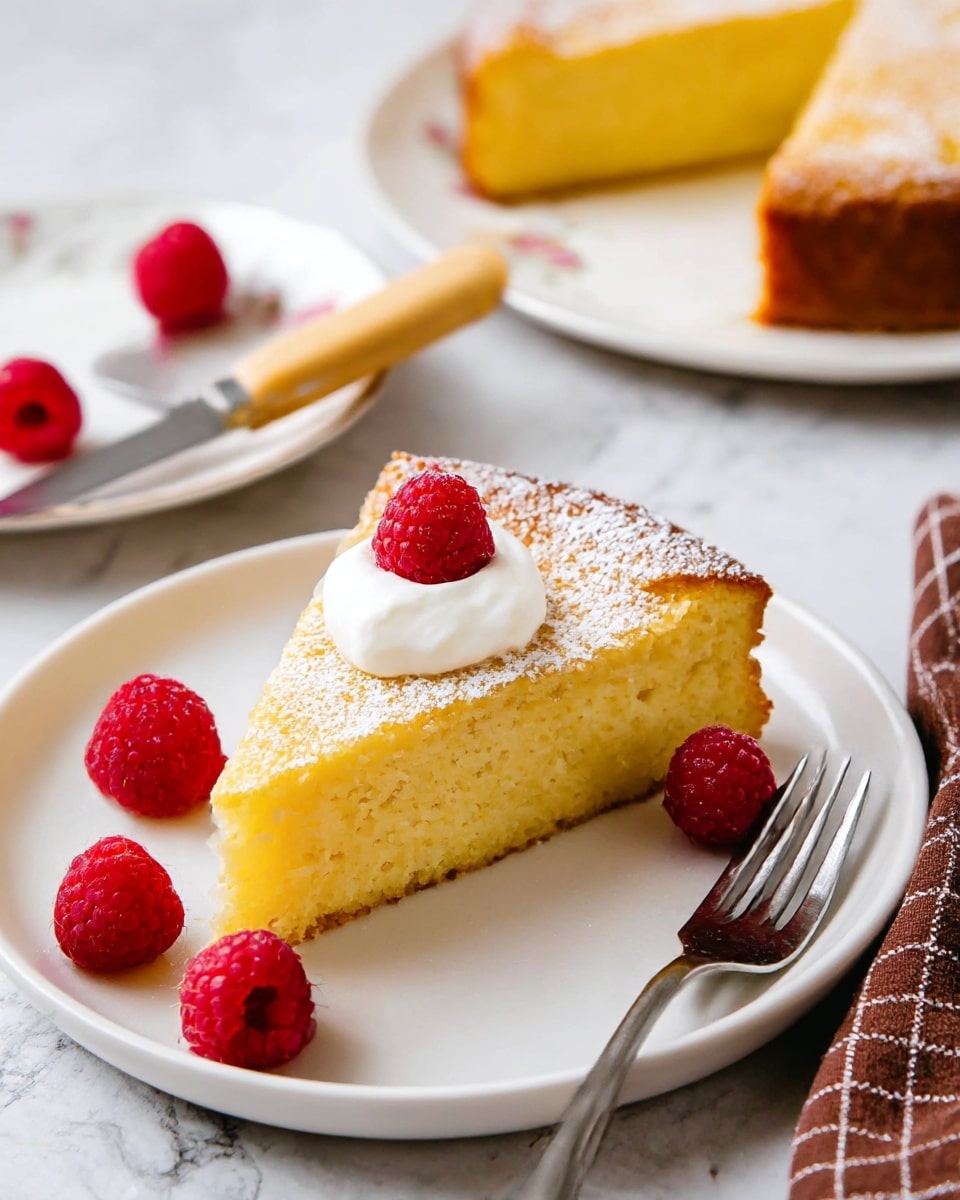 A single slice of golden yellow cake is on a white plate, with a light dusting of powdered sugar on top. The cake looks soft and moist with a slightly crisp, darker brown edge. On top, there is a dollop of white cream and a bright red raspberry placed in the middle of the cream. Around the slice on the plate are five more fresh raspberries, bright red and textured. To the right of the plate is a silver fork. In the background, there is a larger cake with a missing slice and two raspberries resting on a white plate with a floral pattern. A knife with a light wooden handle lies between the large cake and the slice. The surface is a white marbled texture, and there is a brown checkered cloth partially visible on the right side. Photo taken with an iphone --ar 4:5 --v 7