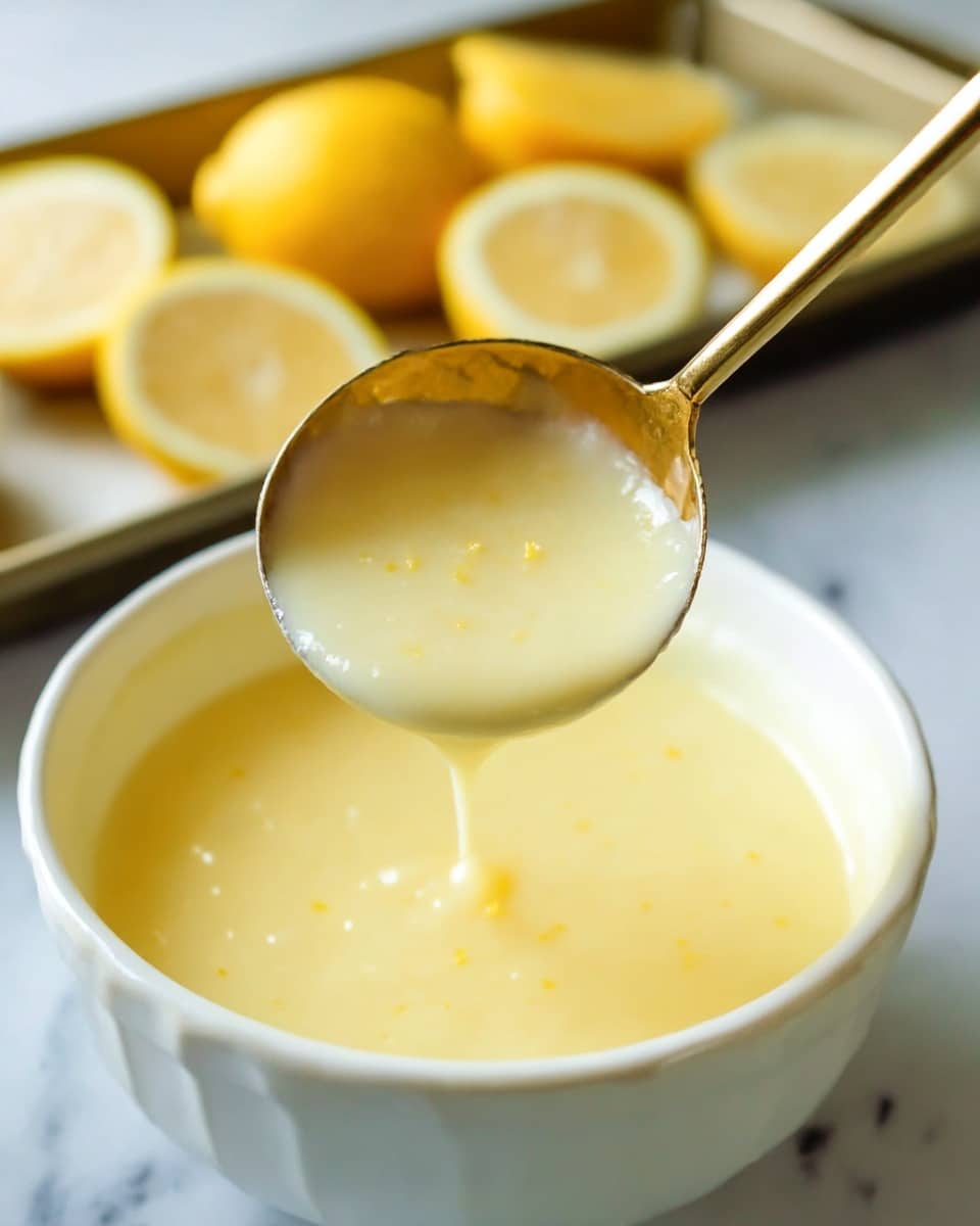 A white bowl filled with a smooth, creamy light yellow lemon mixture with tiny specks of zest. A gold ladle is lifting some of the mixture, showing its thick but flowing texture. In the blurred background, there is a tray holding empty lemon halves. The whole scene is set on a white marbled surface. photo taken with an iphone --ar 4:5 --v 7