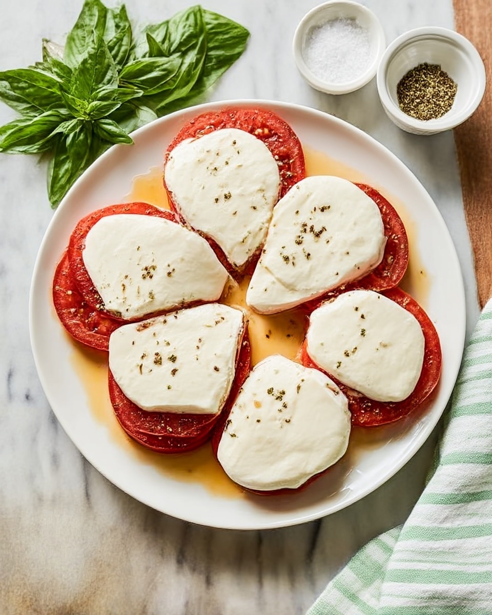 A white round plate holds seven thick slices of red tomatoes as the base layer, each topped with a large, smooth, and creamy white layer of mozzarella cheese slices that nearly cover the tomatoes. Some tomato juice is visible pooling around the edges on the plate. To the upper left side of the plate, bright green fresh basil leaves are placed on the white marbled surface. Next to the basil, there are two small white bowls, one filled with dried herbs and the other with salt. A light green and white striped cloth is seen at the bottom right corner on the white marbled surface. photo taken with an iphone --ar 4:5 --v 7