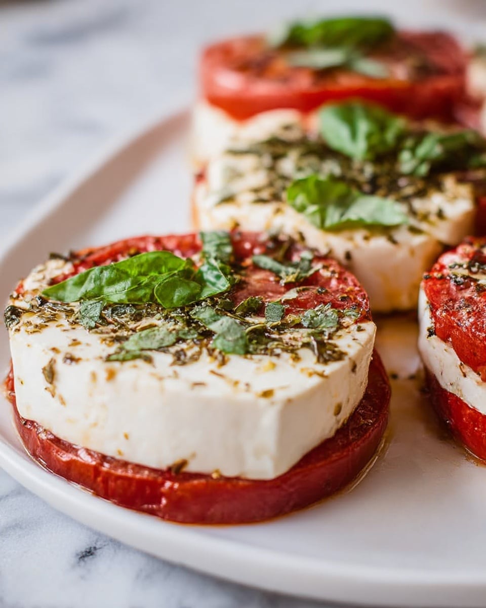 The image shows two stacked layers on a round grilled tomato sitting on a black plate. The bottom layer is the bright red tomato with a slightly charred texture and shiny surface. On top, there is a white, thick slice of soft cheese with a smooth and creamy look, sprinkled with small green chopped basil leaves and dried herbs. Around the plate, fresh green basil leaves add color. In the background, there are more tomato and cheese stacks on a white plate, all on a white marbled surface. Photo taken with an iphone --ar 4:5 --v 7