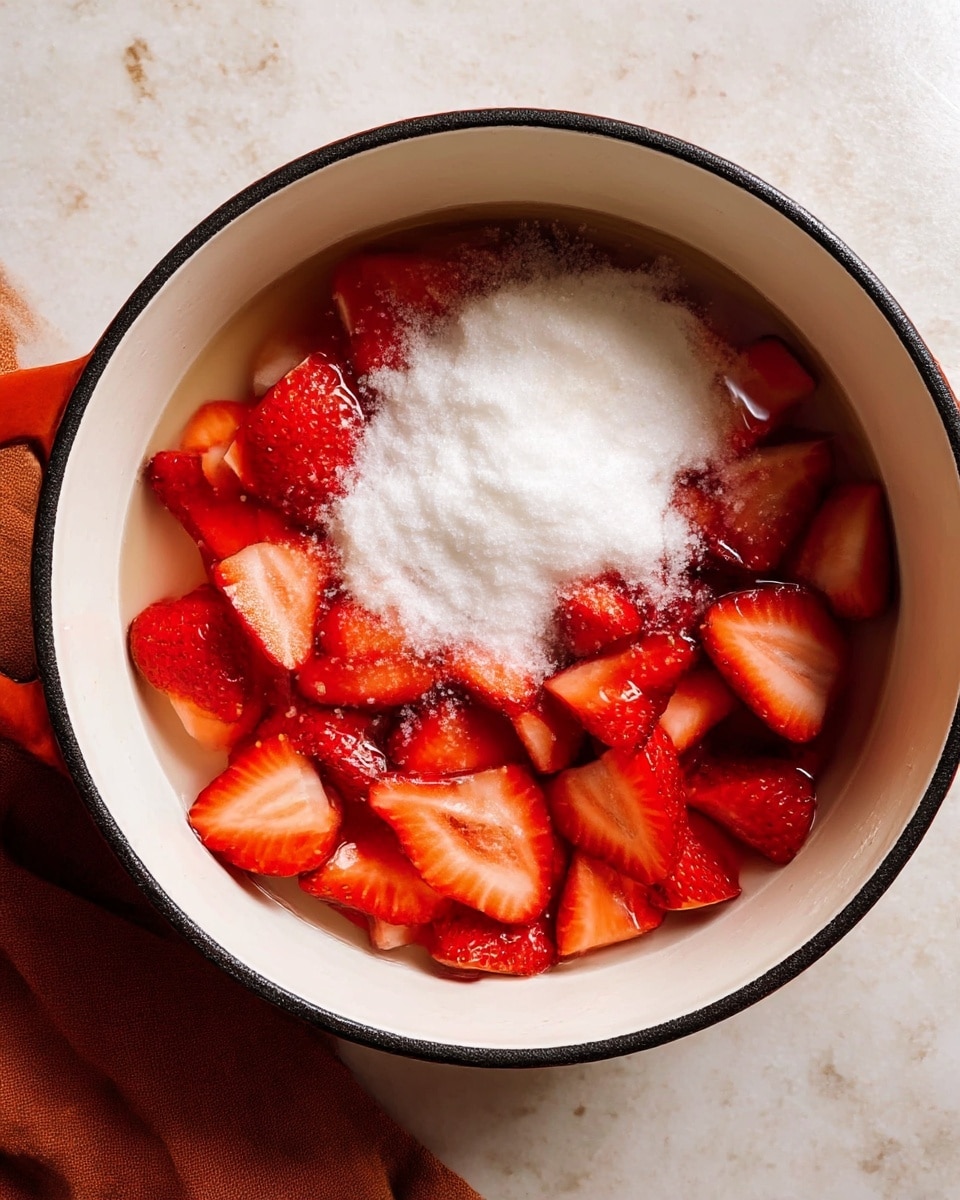 A white pot with black rim holds sliced red strawberries spread around the bottom. On top of the strawberries, there is a pile of white granulated sugar and a layer of light syrup that glistens softly, mixing slightly with the fruit juice. The pot rests on a white marbled textured surface with a brown cloth partially visible at the bottom left. photo taken with an iphone --ar 4:5 --v 7