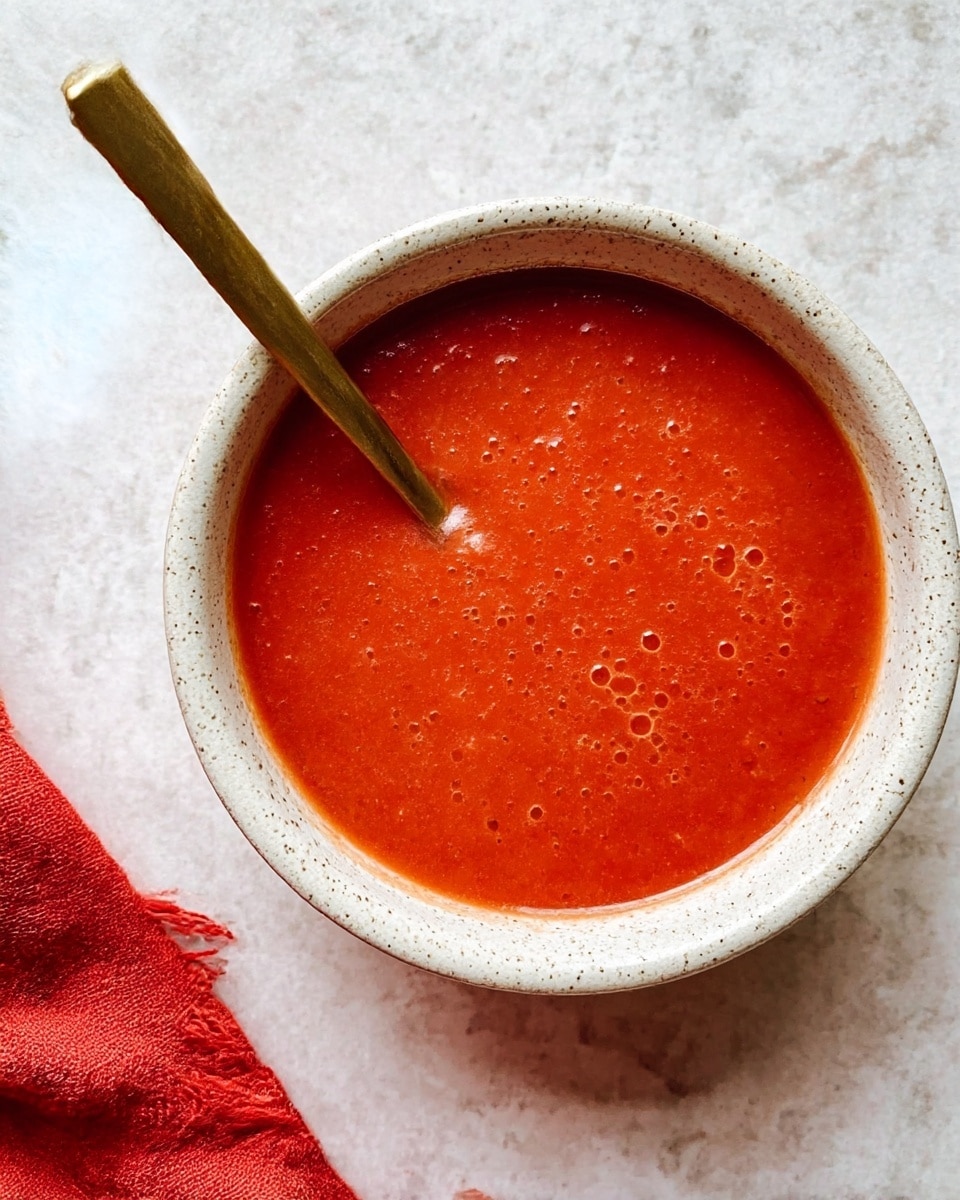 A white speckled bowl filled with smooth, thick bright red sauce, small bubbles visible on the surface, a golden spoon partially dipped into the sauce on the left side, all placed on a white marbled textured surface with a soft red fringed cloth in the bottom left corner, photo taken with an iphone --ar 4:5 --v 7