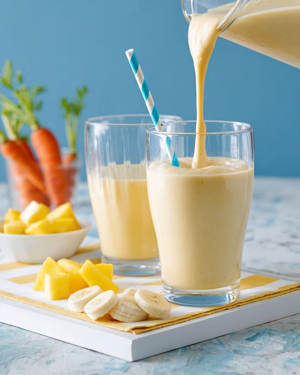The image shows two clear glasses filled with a light beige smoothie, one with a blue and white striped straw on a white tray with yellow stripes. On the tray in front of the glass with the straw are five slices of banana arranged in a small cluster. A white bowl with yellow pineapple chunks sits on the left side of the tray, next to a light green bowl filled with pumpkin seeds. Behind the glasses, there are several fresh orange and yellow carrots with green tops, all placed on a flat blue surface. photo taken with an iphone --ar 4:5 --v 7
