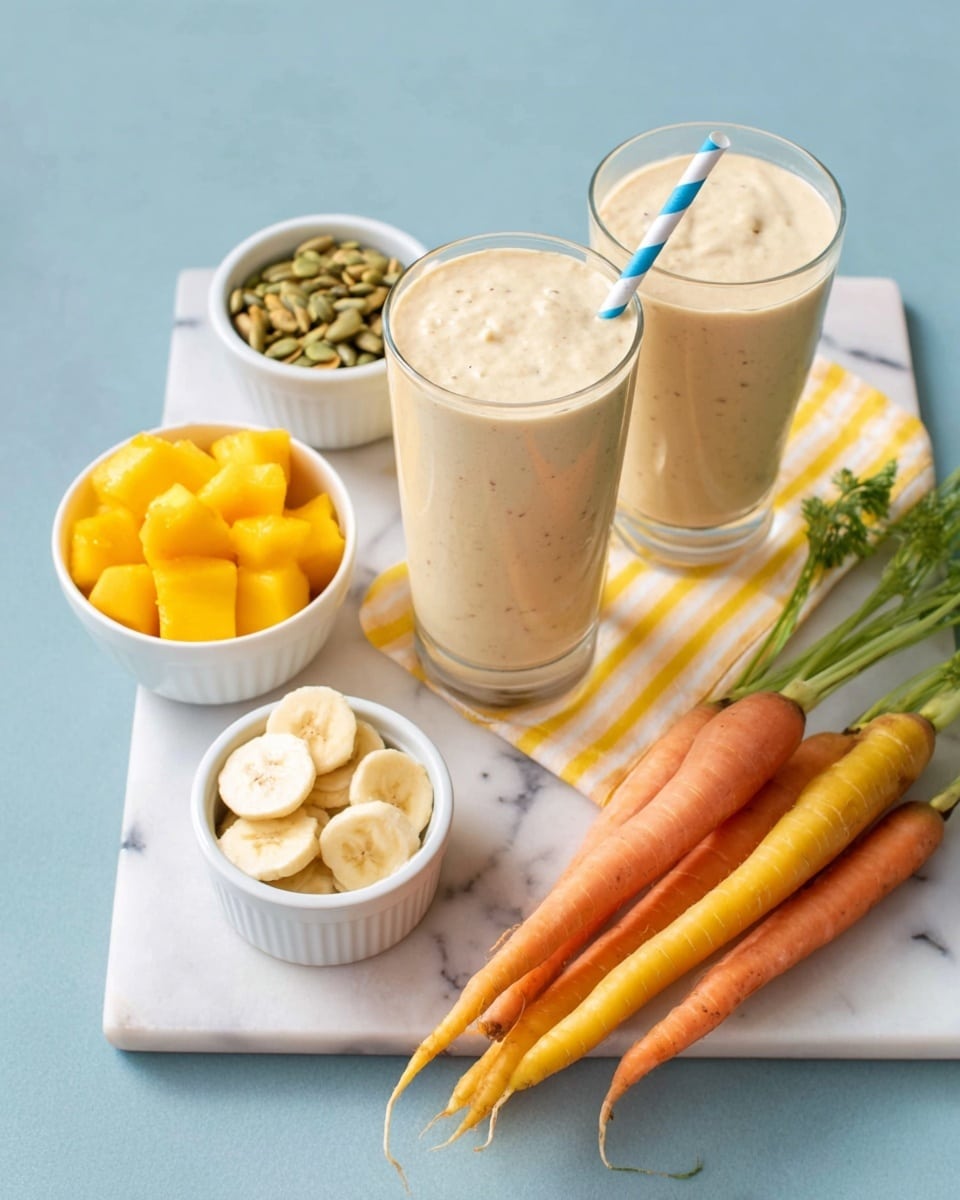 Two tall clear glasses filled with a creamy light beige smoothie; one glass has a blue and white striped straw. The glasses sit on a rectangular white tray with yellow stripes. On the tray, there is a small white bowl with yellow frozen mango chunks, another small white bowl with green pumpkin seeds, and three round banana slices near the bottom edge. To the right of the tray are four fresh carrots with green tops in orange and yellow shades, placed on a white marbled surface. photo taken with an iphone --ar 4:5 --v 7