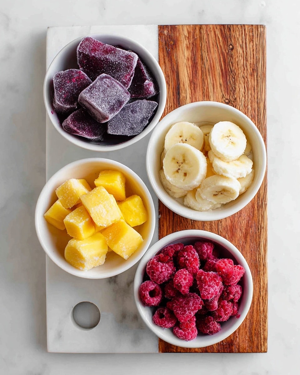 The image shows four white bowls placed on a white marbled board with a wooden section. The top left bowl holds four pieces of dark purple frozen fruit, slightly frosted. To the right on the wooden section is a bowl with round banana slices, pale yellow in color with a frosty texture. Below the purple fruit bowl is another bowl filled with small yellow frozen cubes that look like mango. At the bottom right, a bowl full of red frozen raspberries and small berries is visible. There is also an empty speckled white ring-shaped object on the marbled board near the bottom left. Photo taken with an iphone --ar 4:5 --v 7