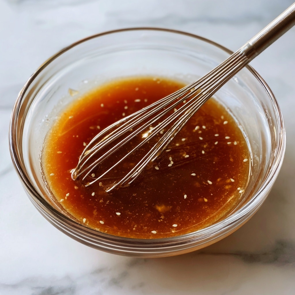 A clear glass bowl sits on a white marbled surface, filled with a shiny, light brown sauce that has a smooth, slightly thick texture with small white sesame seeds visible. A woman's hand is holding a silver metal whisk inside the bowl, mixing the sauce gently. The bowl's transparent surface reflects light, showing the swirls created by the whisk in the sauce. Photo taken with an iphone --ar 4:5 --v 7